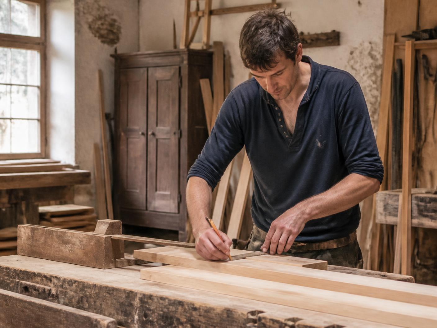 Handwerker in einer Werkstatt im bayerischen Oberland bei der Arbeit